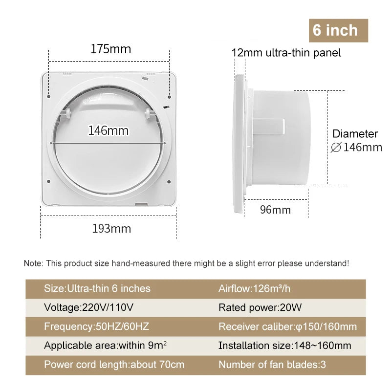 4/6/7 inch Air Ventilator Ultra-Thin Panel Pressurized Exhaust Fan Bathroom Kitchen Waterproof Air Purifier Wall Window Duct Smoke Odors Removal Extractor Fan