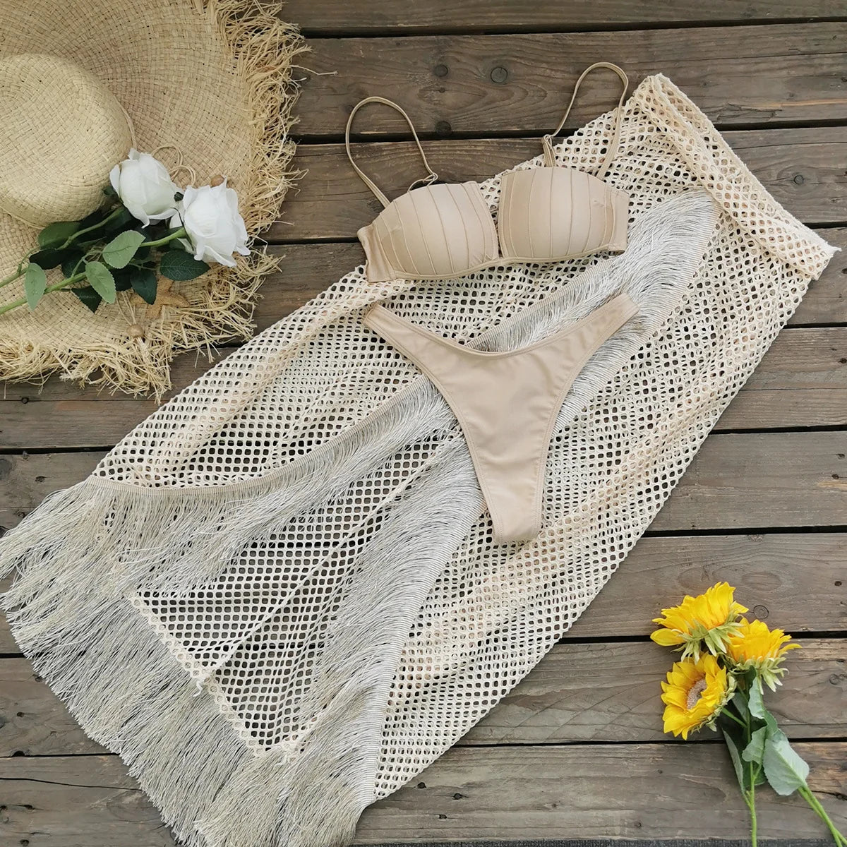 NEW 3PCS Handmade Set Sexy Gold Bikini Top with Fringe Mesh Long/Short Skirt - Adjustable Straps and Stylish Look, Perfect for Beach Wear and Pool Parties Ladies Sexy Swimwear Suit