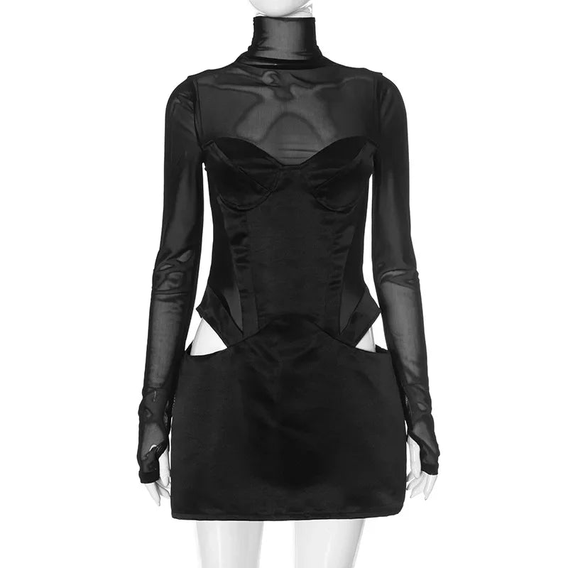 NEW Arrivals Mesh Patchwork High Neck Dress Women's Sexy Slim Hollow Body Fit Party Club Dress Black See-through Streetwear Y2K Dress Ladies Girls Sexy Fashion Apparel Supplies