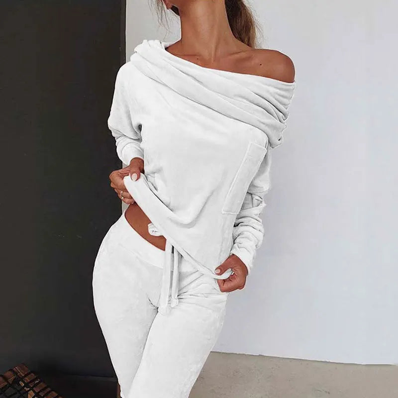 2 PCS Set S-3XL UK Plus Size 6 Colors Sexy Velvet Off Shoulder Slope Collar Casual Women Home Suit Fashion Folds Long Sleeved Bow Pullover Top Trousers Suit Outfit