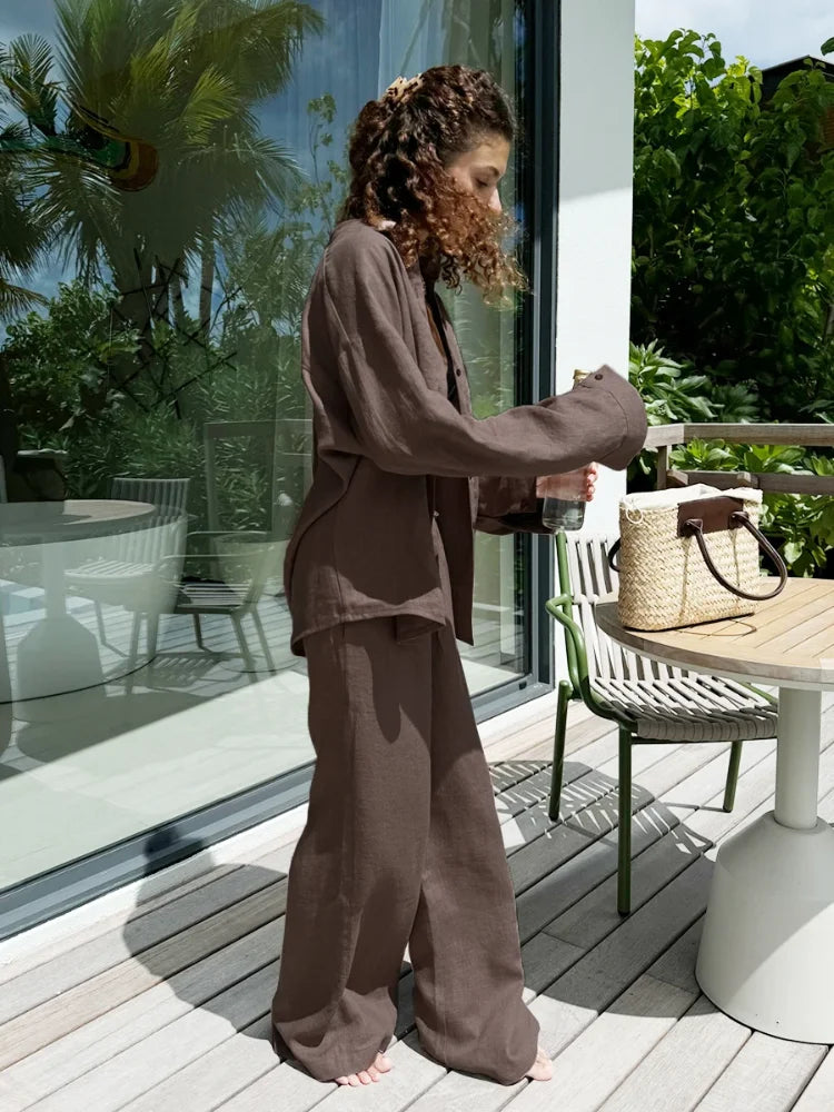 NEW Arrivals 12 Colors/Patterns UK Size Women Casual Cotton Linen Shirt Pants Suit Fashion Single Breasted Blouses Elastic Waist Pant Set Spring Summer Loose Outfit