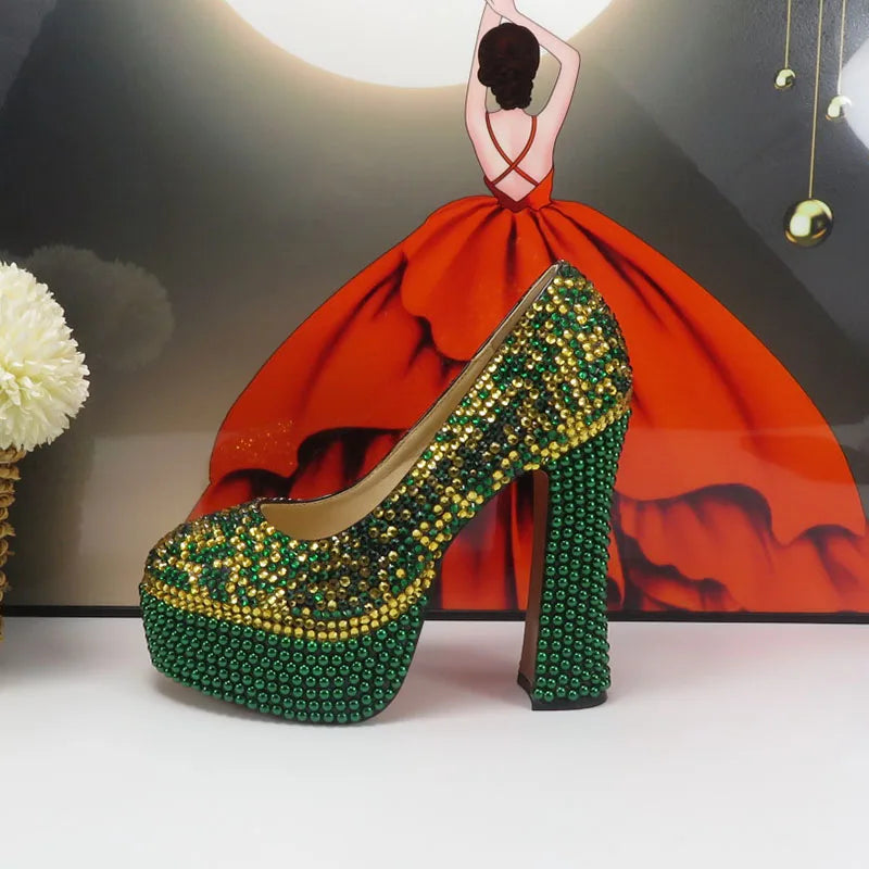 NEW Arrivals Luxury Italian Fashion Teal Blue 5 Colors Wedding Shoes and Bag Set Woman 14CM High Pumps Thick High Heel Evening Party Shoes Matching Bag Round Toe Pumps Ladies Luxury Fashion Clothing Supplies