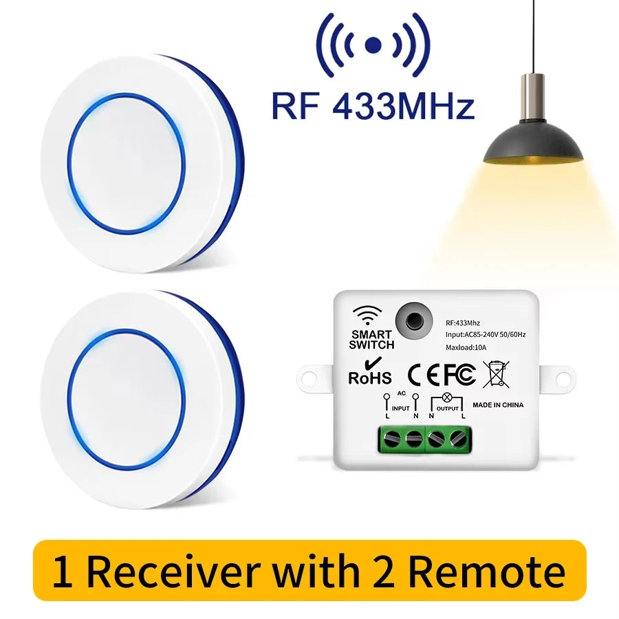 1 Receiver + 2 Remote Control Set RF 433MHz Wireless 10A Relay Receiver Remote Control Light Switch 220V 110V Mini Round Button Wall Panel Switch For LED Lamp