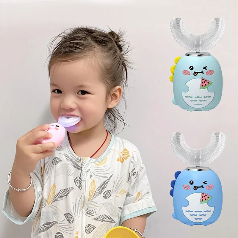 NEW Arrivals Children (3-12Yrs Old) U-Shaped Electric Toothbrush 360 Degrees Smart Cartoon Kids Silicone Toothbrush Automatic Rechargeable Sonic Toothbrush Oral Hygiene Accessories Dental Supplies