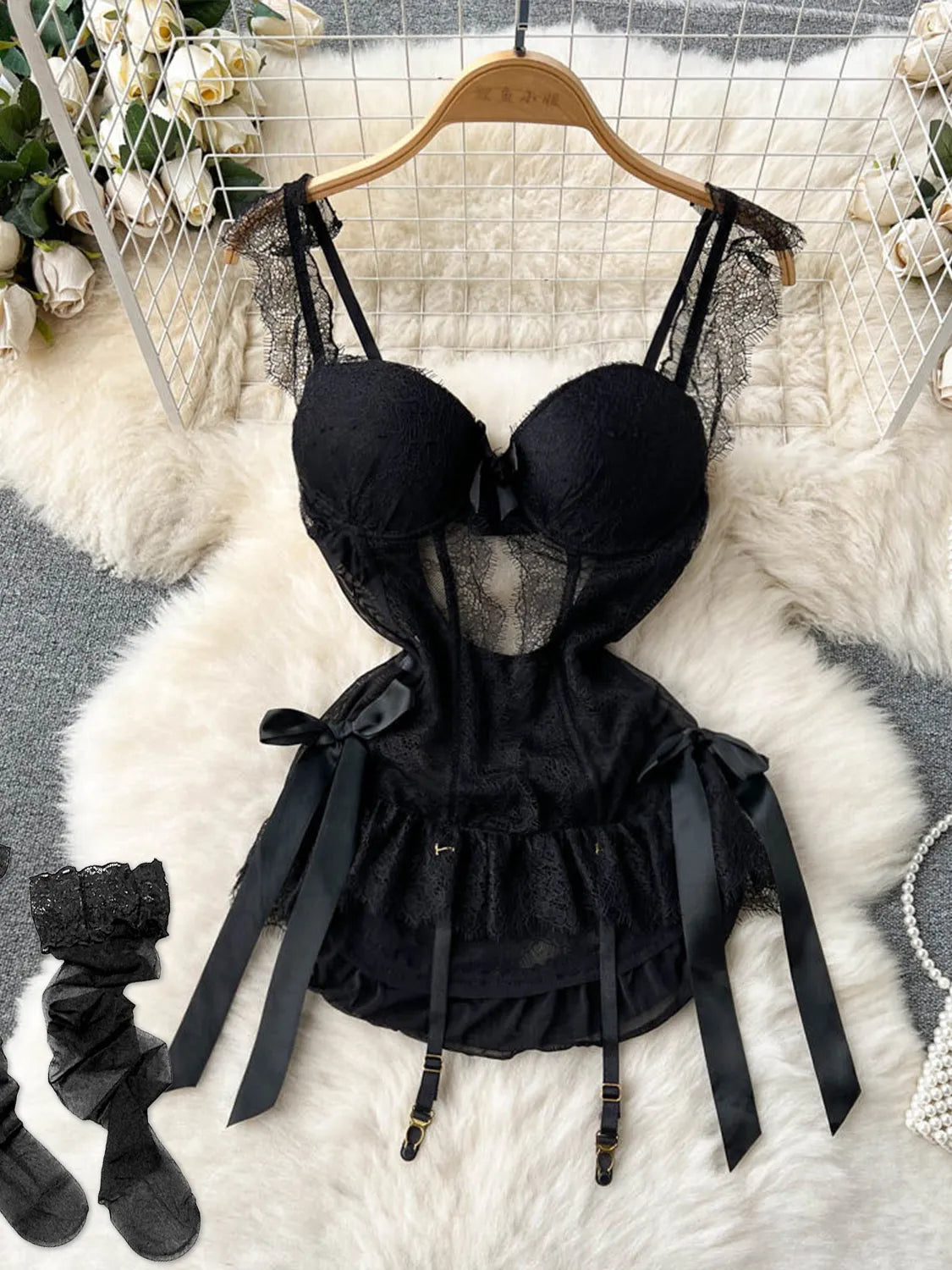 Women's Hollow Combination Bodysuit Slim Fit Erotic Mesh Lace Jumpsuit Bodysuit Sexy Fashion Pajamas