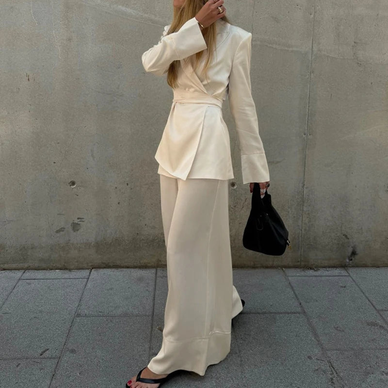 NEW 2PCS Set S-XL UK Size Elegant Beige Satin Trousers Business Office Lady Formal Outfit Spring Women V-Neck Long Sleeved Lace Up Top +High Waist Loose Wide Leg Pants Female Ladies Luxury Fashion Clothing Supplies