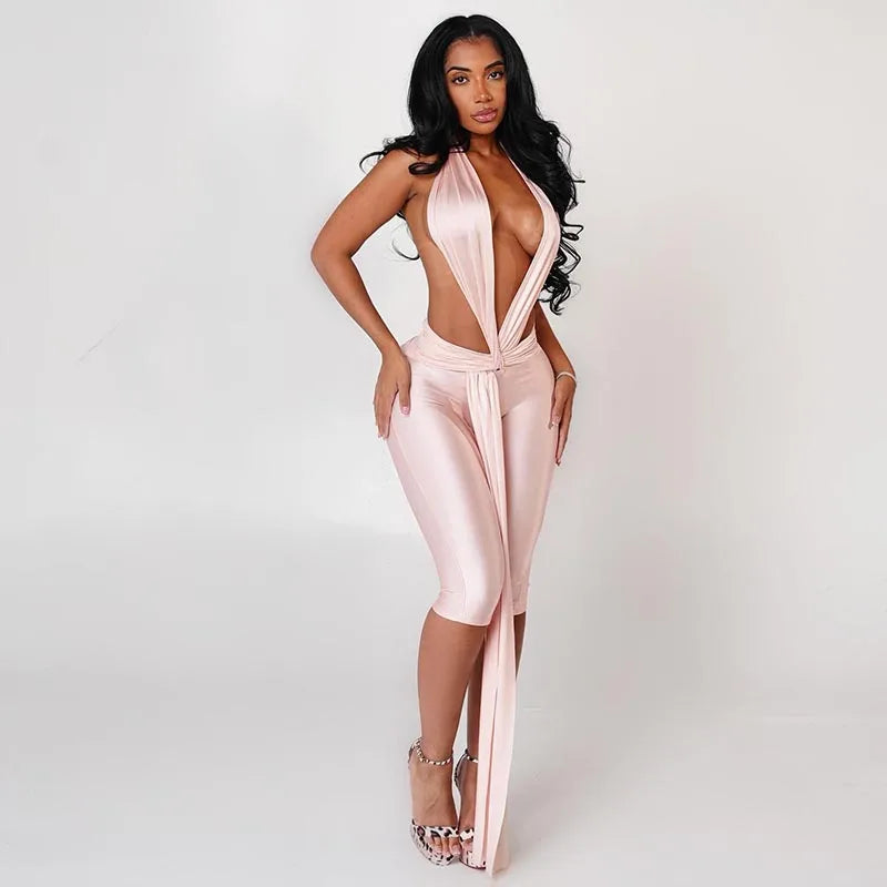Black/Pink/Red Color Sexy Patchwork Halter Romper Women Ribbon Sleeveless Elastic Backless Workout Activewear Midnight Clubwear Prom Activity Slim Playsuits