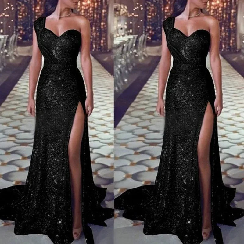 NEW Arrivals M-4XL 8 Colors Women's Wedding Party Dress Evening Elegant Sexy Deep V-Neck One Shoulder Sleeveless Sequined Long Maxi Dresses Ladies Luxury Fashion Clothing Products