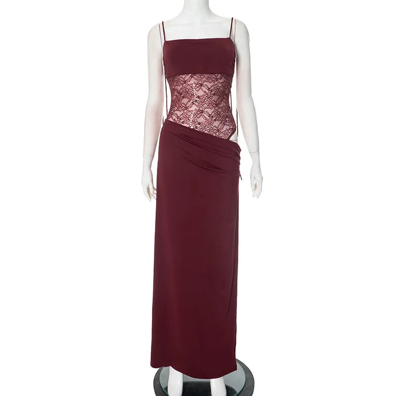 NEW Arrivals 4 Colors Elegant Lace Cut Out Maxi Dresses for Women Sexy Spaghetti Strap Patchwork Holidays Party Dress Summer Backless Long Dress