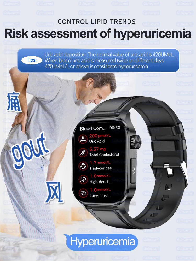 NEW HOT SALE All Scientific Medical Diagnosis Blood Glucose Fat Oxygen Blood Pressure Heart Rate Multi-Languages Lipids Monitor Health Smart Watch Men ECG+PPG IP68 Waterproof Sport Smart Watch Sports Electronics Accessories