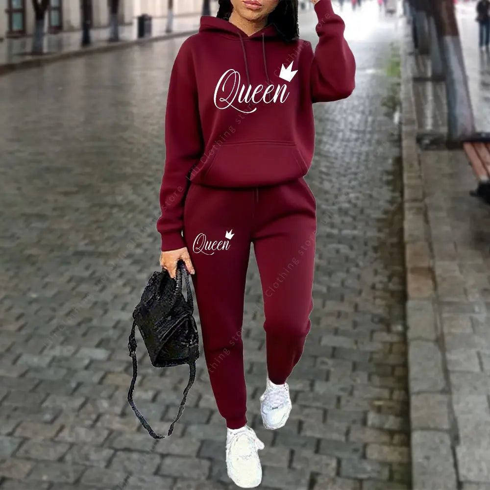 NEW 2PCS Set S-3XL UK Plus Size 10 Colors Queen Letter Graphic Women's Sets Hoodies Pants Suit Autumn Winter Sports Jogging High quality Aesthetic Tracksuit