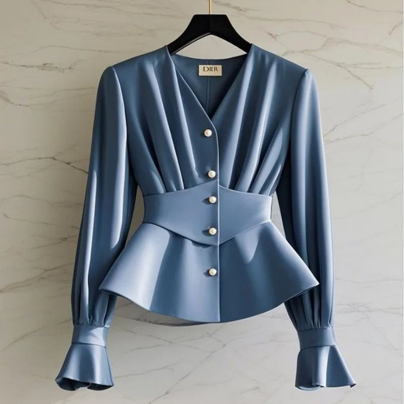 NEW Arrivals S-XL UK Size Luxury French High End Blue Blouse Autumn Design Slim Waist Pleat Patchwork Shirts Women V-Neck Pearl Button Tops Luxury 049A