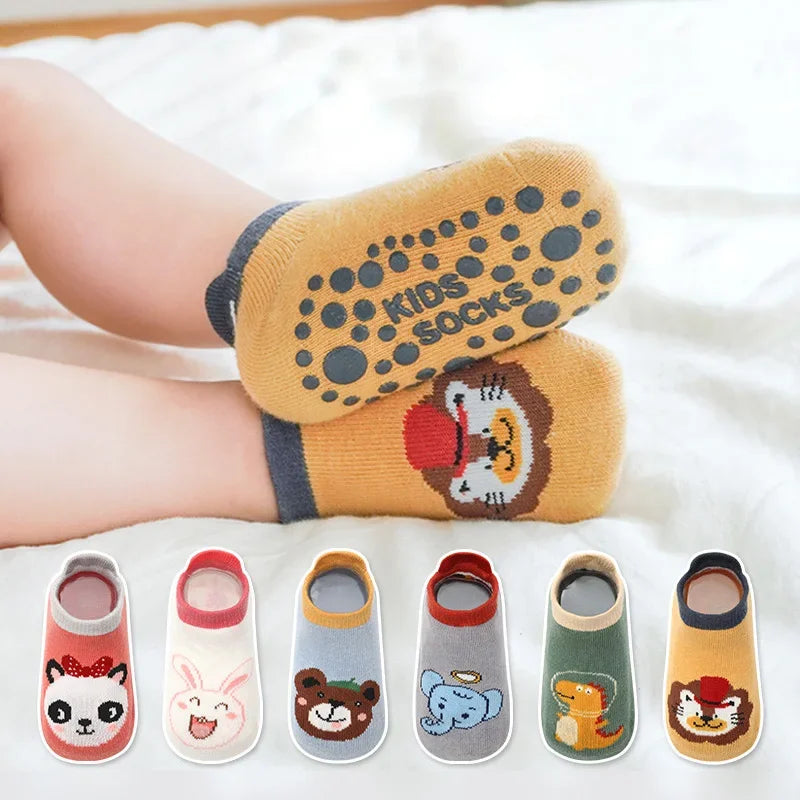 NEW Arrivals 1-3Y 6 Pairs Set Kids Cotton Anti-Slip Socks Cute Cartoon Animal Pattern Comfy Breathable Baby Non-Slip Floor Socks Babies Clothing Accessories