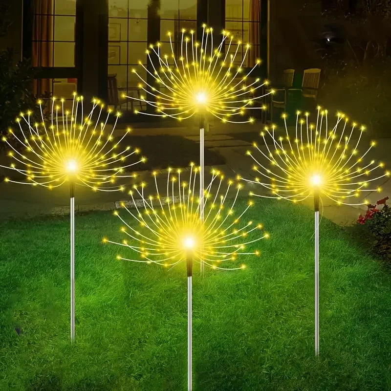 NEW Arrivals 4PCS Set Solar Garden Lights 200LED Waterproof Outdoor Lighting with Installation Hardware Firework Lights for Pathway Lawn Christmas Holiday Decoration Supplies