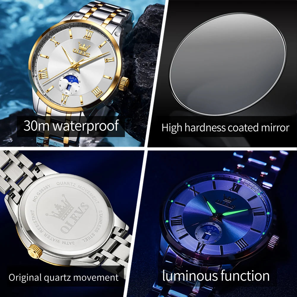 NEW 4 Colors 100% Original OLEVS 3638 Men Watch Original Quartz Watch Stainless Steel Waterproof Luminous Large Dial Day Date Watches Luxury Men Box Luxury Gifts for Husband Boyfriend