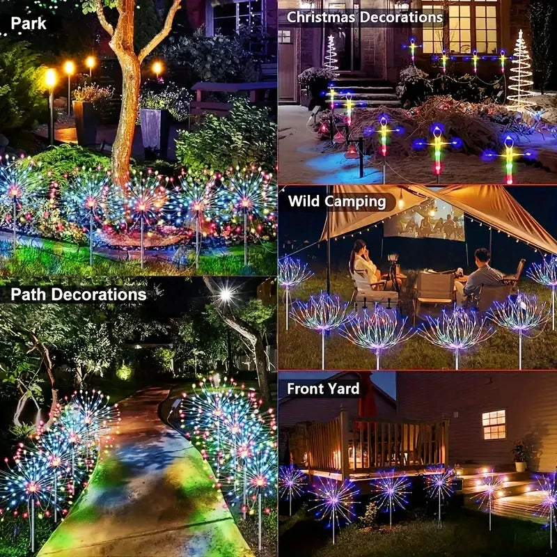 NEW Arrivals 4PCS Set Solar Garden Lights 200LED Waterproof Outdoor Lighting with Installation Hardware Firework Lights for Pathway Lawn Christmas Holiday Decoration Supplies