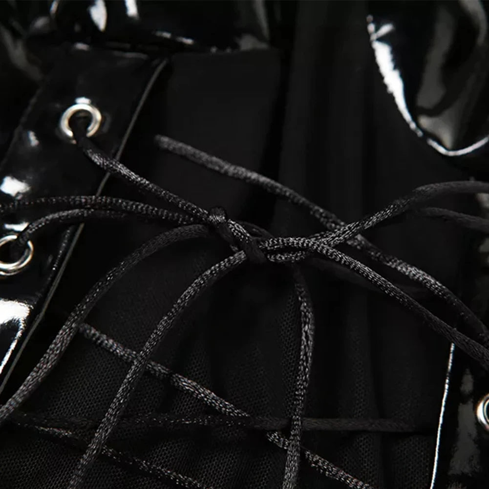 Women's Sexy Black Mini Dress Night Clubwear Cocktail Dresses Lace Up Nightdress Nightwear PU Leather Sexy Short Dress