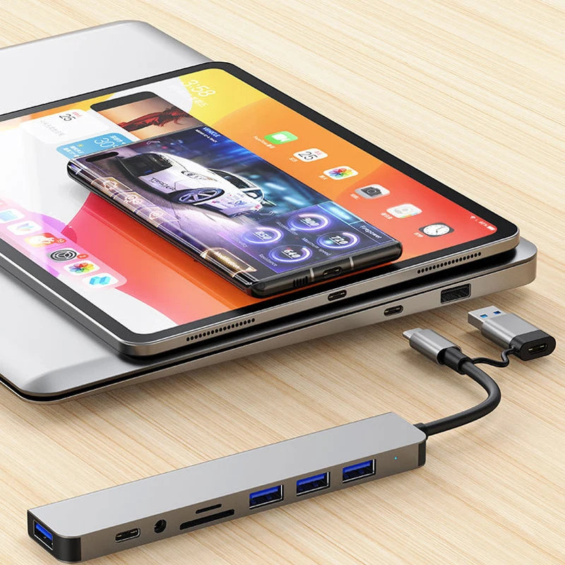 NEW Arrivals 8 in 2 USB +Type C HUB Docking Station with 3.5mm Audio Jack Adapter Micro SD Card Reader Laptop Tablet Phone Disk Converter Computer Accessories Electronic Supplies