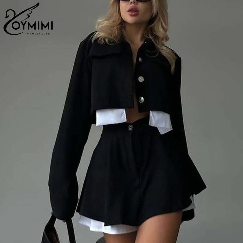 BRAND NEW 2PCS Set Blue/Gray/Black Color Patchwork Women Spring Outfit Elegant Long Sleeve Button Crop Tops And High Waisted Mini Skirts Sets
