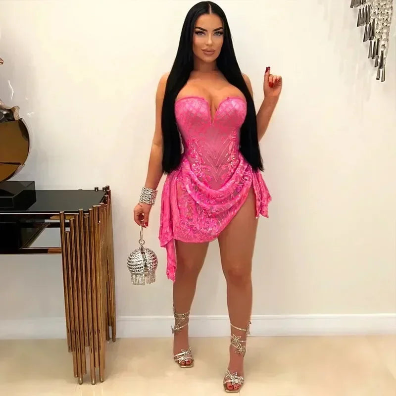 NEW Arrivals 3 Colors Sexy Mesh See Through Party Nightclub Birthday Women Dress Sequined Strapless V-neck Sleeveless Ruched Prom Mini Sexy Dresses