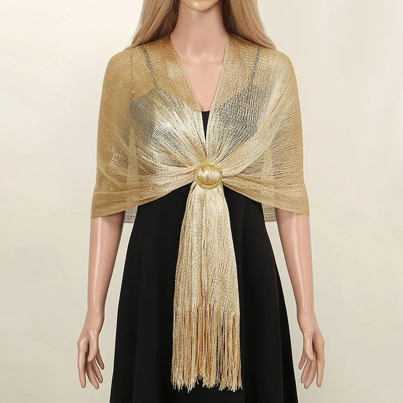 Sparkling Metallic Scarf with Buckle Female Evening Party Shawl Elegant Gold Silver Shiny Shawls for Bridal Wedding Wraps
