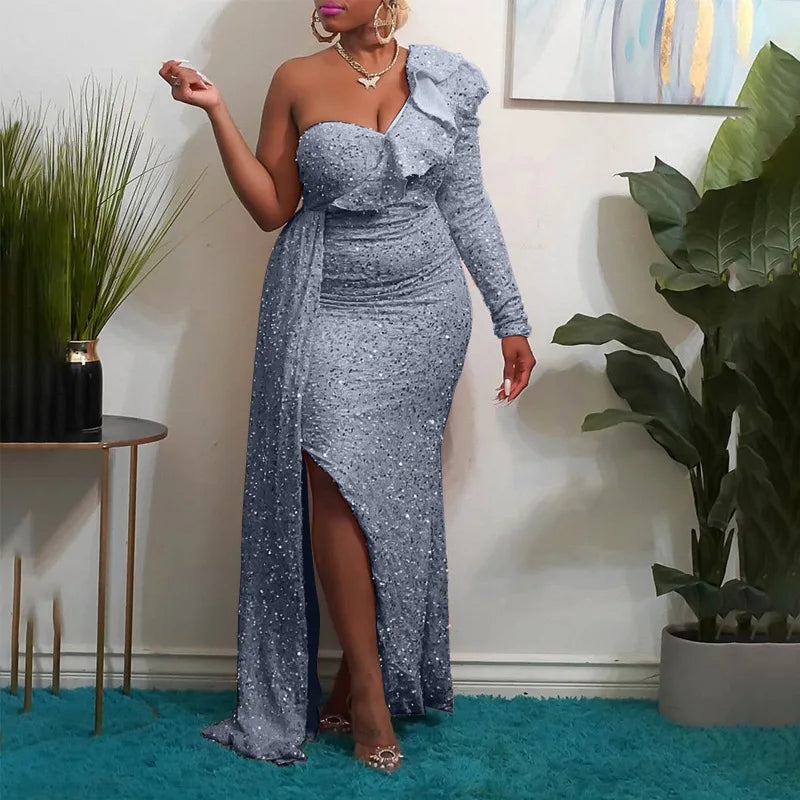 NEW Arrivals S-4XL Plus Size 7 Colors Women One Shoulder Sequin Slim High Waist Dress Autumn Winter Spring Evening Party Dress Women Sexy Ruffle Elegant Party Formal Dress