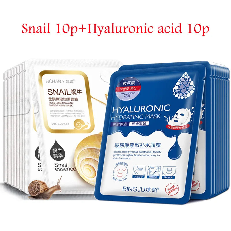 NEW 20PCS Korean Set Snail + 24K Gold + Collagen + Hyaluronic Acid Face Mask Skincare Moisturizing Anti Wrinkle Whitening Facial Masks Face Sheet Mask Korean Skin Care Products