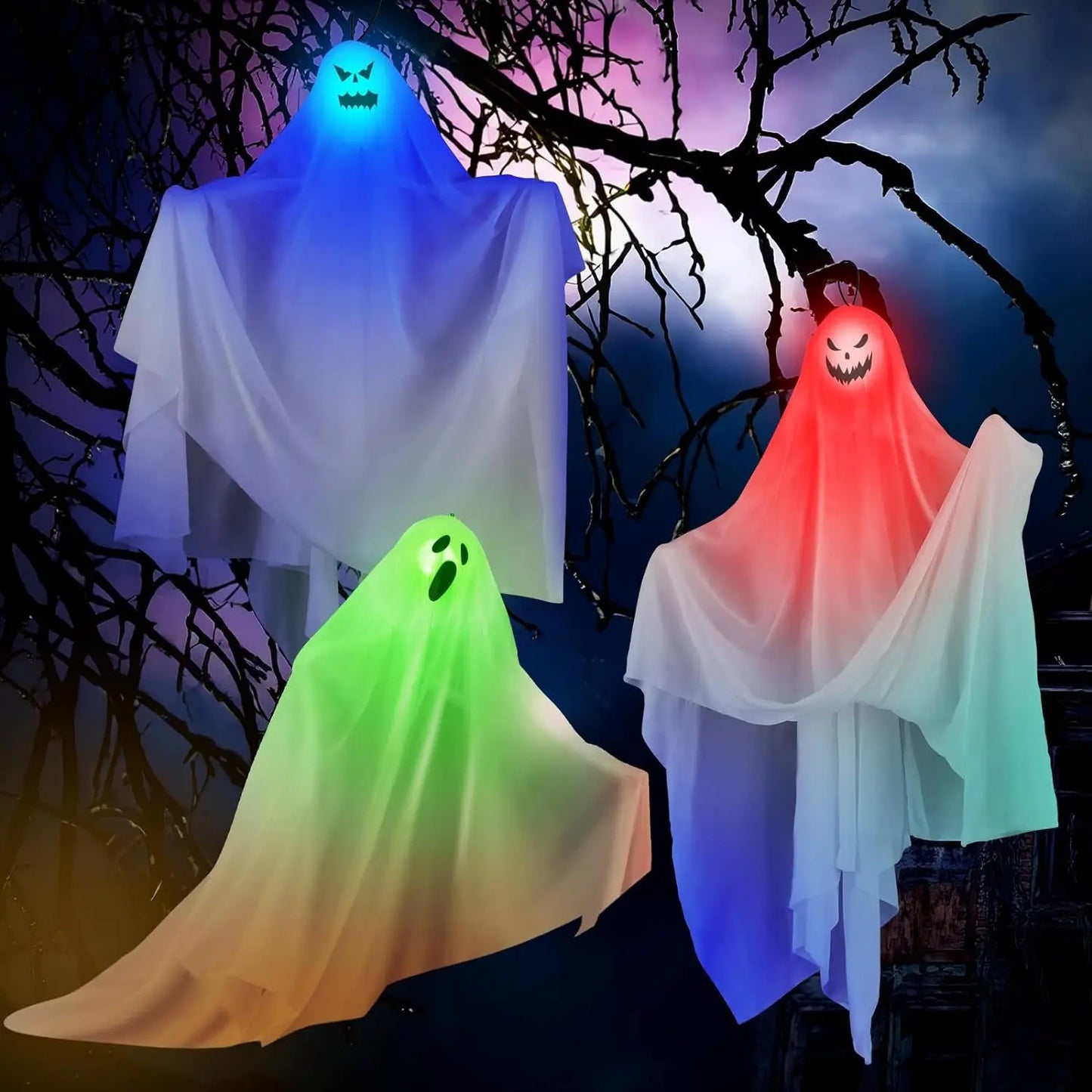10PCS Halloween Scary LED Lights Glowing Hanging Ghost Venue Setting Horror Door Hanging Haunted House Props Halloween Props Decoration
