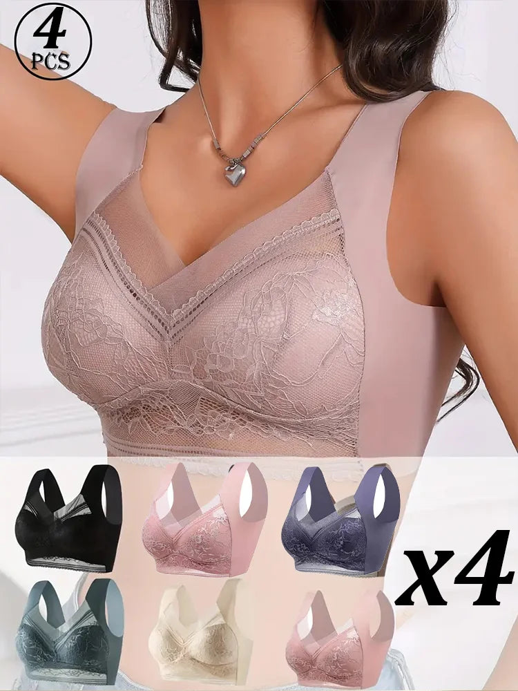 NEW Arrivals 4PCS Set L(45-50KG) -5XL(100KG) Set Women Lace Bra Perspective Push Up Ice Silk Deep V Bralette Bra Sexy Lingerie Tops Plus Size Cup Mom's Underwear