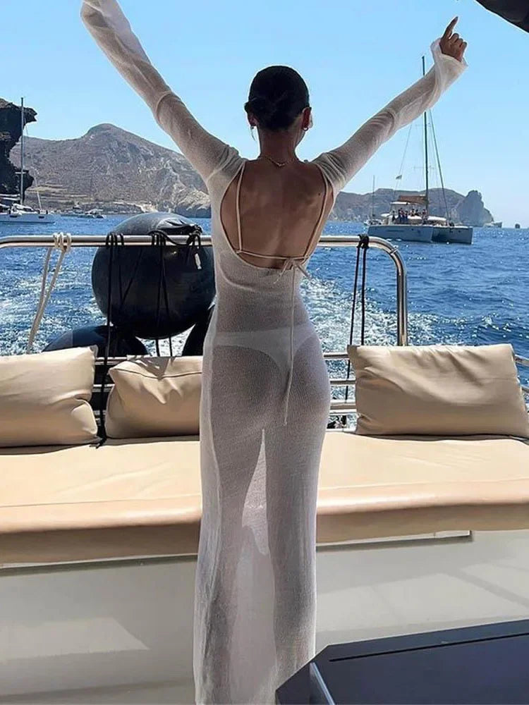 NEW Arrivals Sexy Transparent Black/White Backless See-through Long Dress Women's Summer Slim High Waist Spliced Long Sleeve Solid Color Evening Nightclub Beach Party Ladies Long Dress