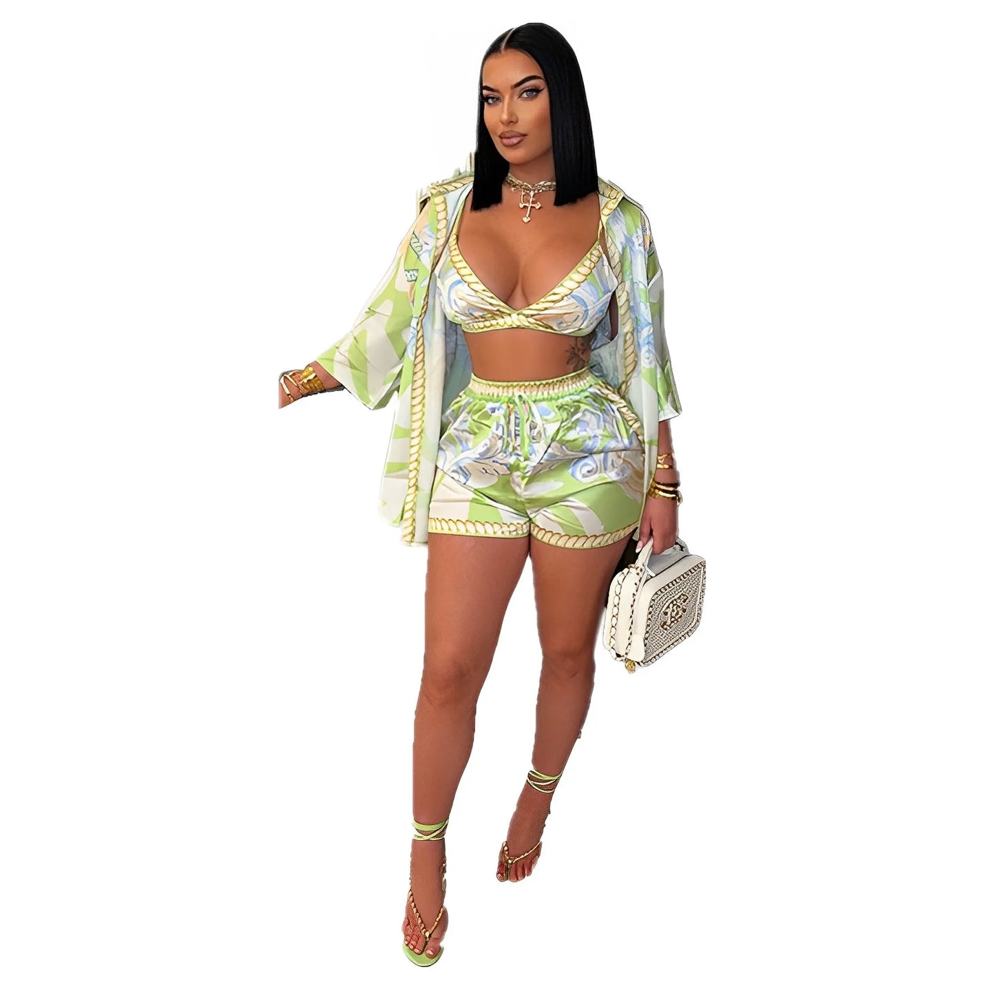 NEW Arrivals 3PCS Set S-2XL UK Size Sexy Spring Summer Luxury Fashion Women Set Female Stripe 3/4 Sleeve Shirt Tops And Shorts Suit Matching Outfit Evening Beach Party Night Club Ladies Suit