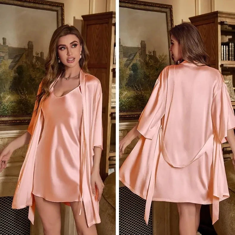 2PCS Set Pink/Black/Wine Red Luxury Robe Pink/Black/Red Suit Women Rayon Sexy Bathrobe Gown Sleepwear Summer Home Wear Sleep Dress Casual Kimono Sleepwear Nightgown Ladies Luxury Lingerie Underwear Fashion Clothing Supplies
