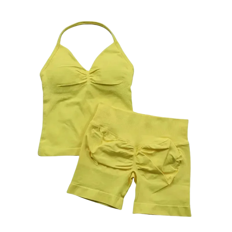 NEW Arrivals 2PCS Set 10 Colors Girls Yoga Gym Set Women's Strap Vest & Shorts Resistance Training Seamless Halter Tank Top Scrunch Butt Lifting Gym Shorts Set