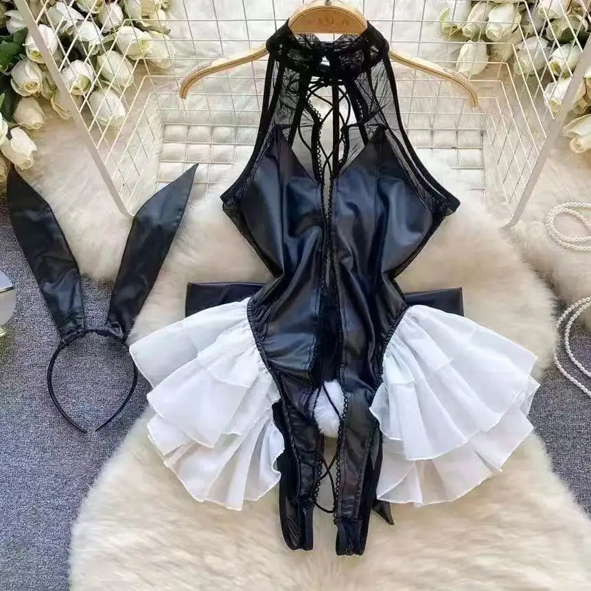 NEW Arrivals Bunny Role-Play Women's Nightwear Lady's Secret Clothing Halter Patchwork Bodysuit Erotic Lingerie Sexy Black Playsuit Bodycon