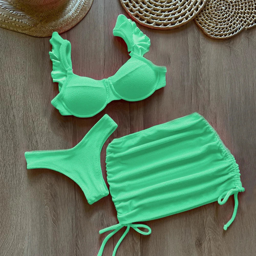 Solid Wavy Fabric Low Waist Bikini Set Cover Up Swimsuit For Women Push Up Ruffle Three Pieces Swimwear Beach Bathing Suits