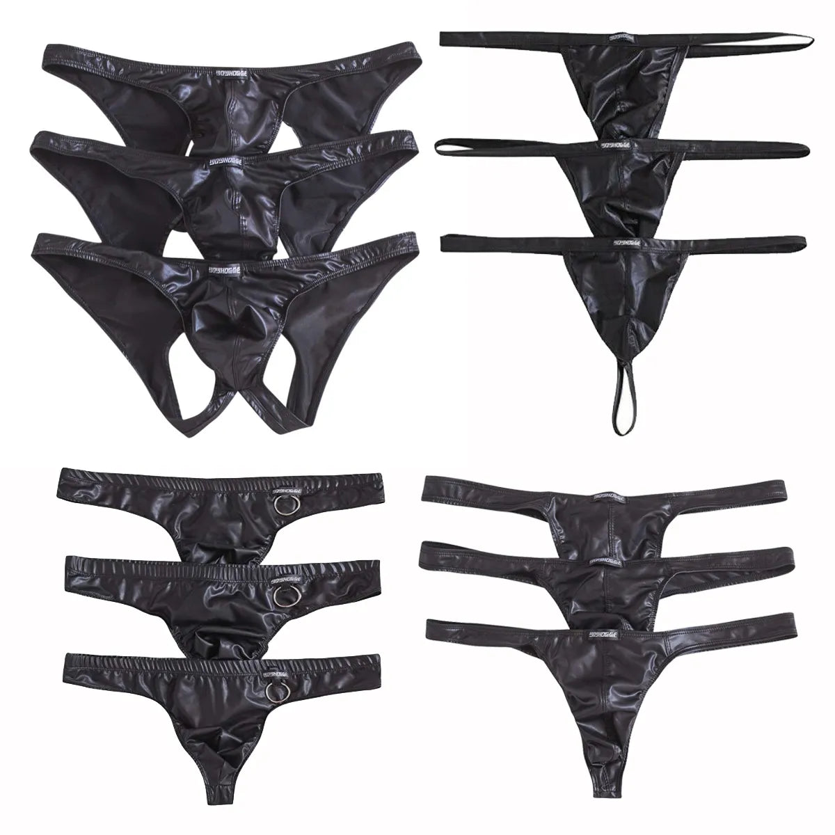 3PCS/Lots Mens Faux Leather Briefs Lingerie G-string Thongs Underwear Sexy Low Rise Bikini Convex Pouch Underpants Boxer Panties