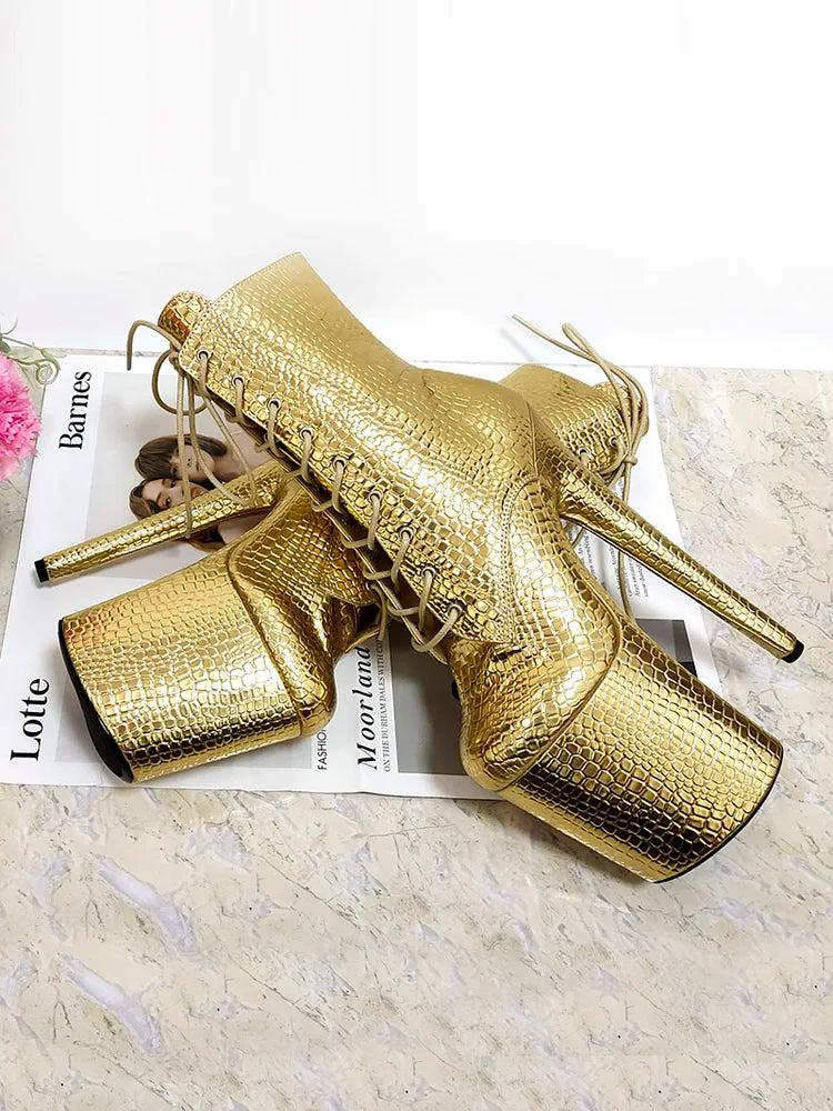 8Inch Exotic Dancer Sexy Fetish Stripper Thin High Heels 20cm Party Catwalk pole dance shoes Gold Sneakers Big Size Ankle Boots