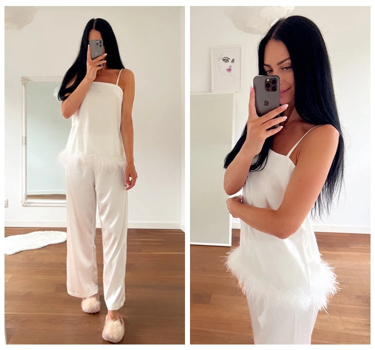 NEW Arrivals Black/White Color Satin Luxury Pajamas With Feathers Sleepwear Women Sets With Pants Black Spaghetti Strap Home Suit White Trouser Suits