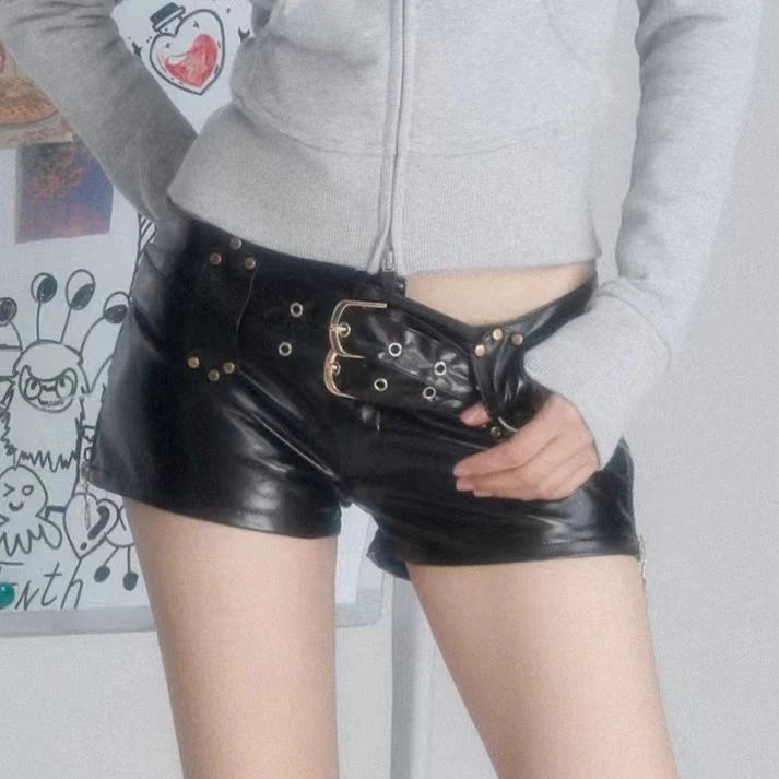 New Sexy Low Waist PU Leather Pants Artificial Lederhosen Summer Elastic Belt Casual Shorts Women