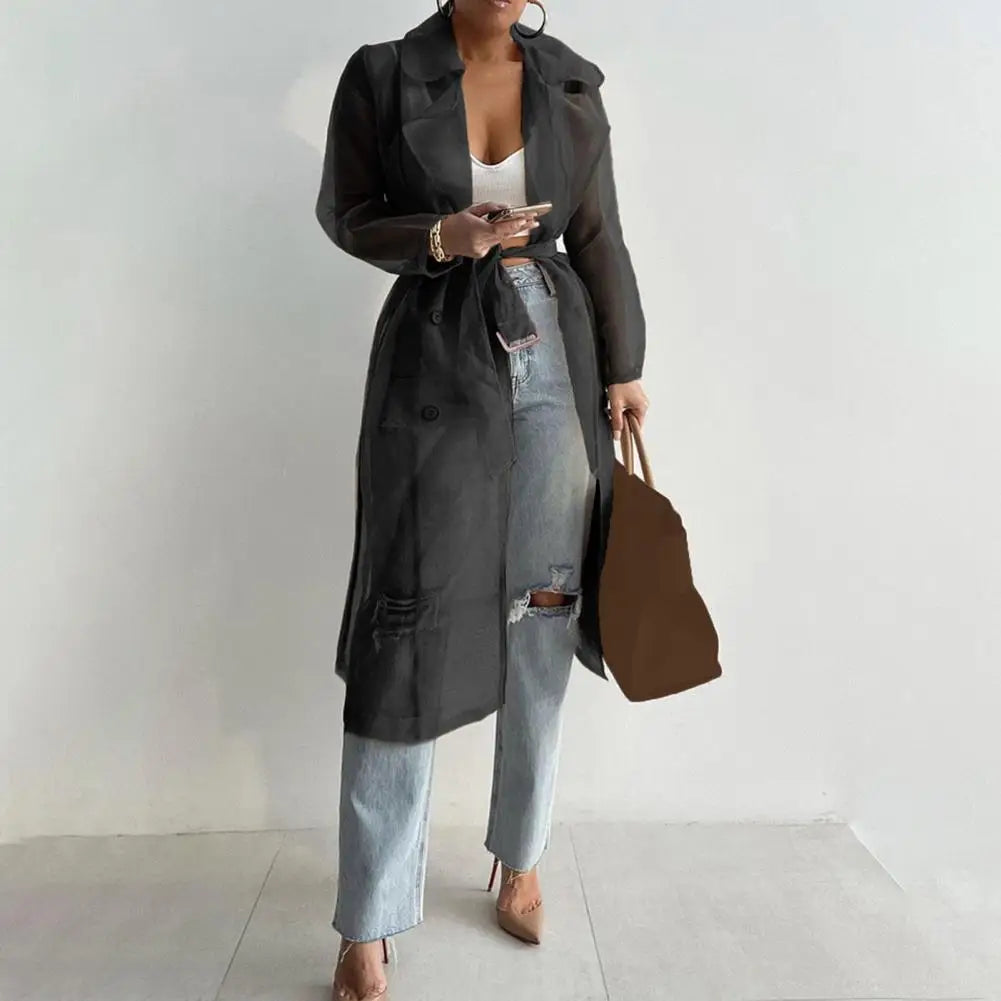 NEW Arrivals Black/White/Coffee Spring Italian Fashion Women Mesh Jacket Puff Sleeve Sunscreen Shirt Net Yarn See Through Spring Summer Lace-Up Long Shirt Thin Coat