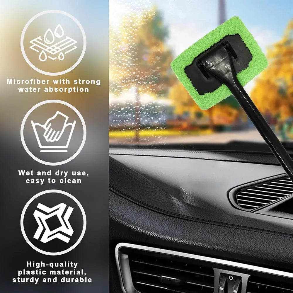 NEW 4PCS Set Car Window Defogging Cleaner Brush Kit Microfiber Windshield Cleaning Tool Auto Interior Glass Wash Wiper Long Handle Reusable Cloth Pads Car Cleaning Accessories