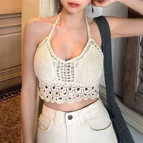 NEW Arrivals Handmade Sexy Crop Tops Retro Wild Hollow Perspective Tassel Sexy Spaghetti Strap Tanks Top Women Built In Bra New Back Lace Halter Neck Ladies Girls Summer Beach Party Tops