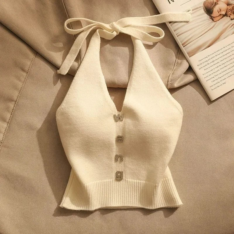 NEW Arrivals Women Short Vest Fashion V Neck Sleeveless Letter Summer Wear Tank Top Back Laced-Up Italian Fashion Style Cropped Clothing