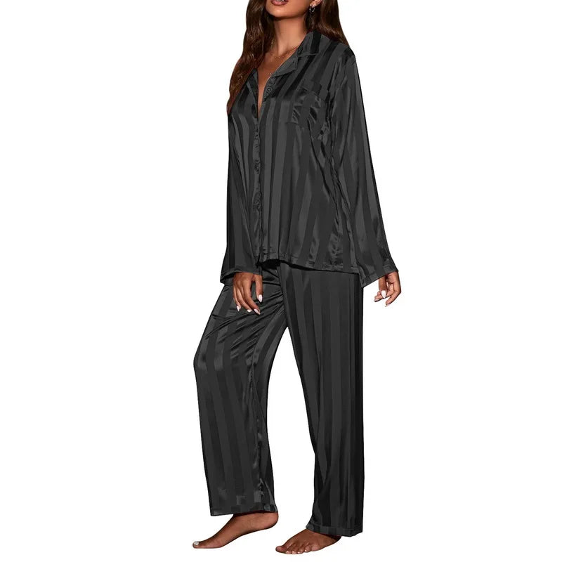 NEW 2PCS Set L-4XL Plus Size 4 Colors Chubby Women's Striped Pajama Set, Solid French Silk Satin Pajamas, Comfortable Home Pajamas