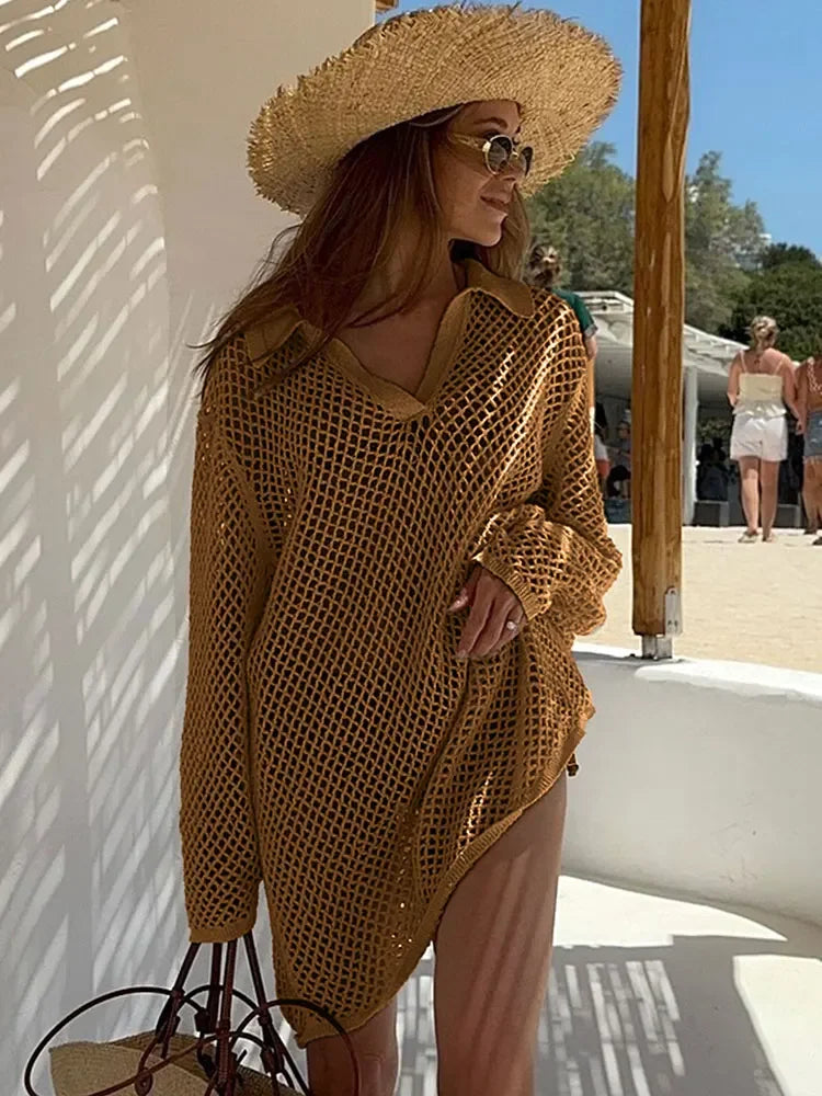 NEW Arrivals UK Size 4 Colors Solid Color Beach Knit Mini Dress Women's Summer Sexy Hollow Out Long Sleeve Swimsuit Cover Up Boho Holiday Loose Beachwear K17
