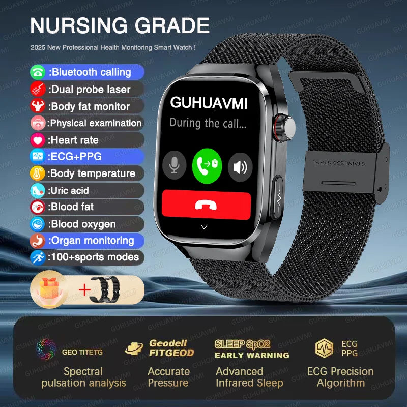 NEW Arrivals Micro Physical Examination ECG Smart Watch Women Men Uric Acid Body Fat Five Organ BP Health Watches HD Call Smart Bracelet Health Care Supplies