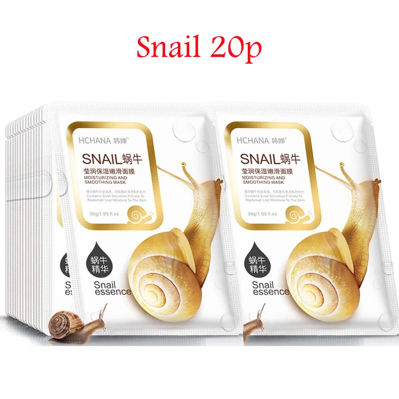 NEW 20PCS Korean Set Snail + 24K Gold + Collagen + Hyaluronic Acid Face Mask Skincare Moisturizing Anti Wrinkle Whitening Facial Masks Face Sheet Mask Korean Skin Care Products