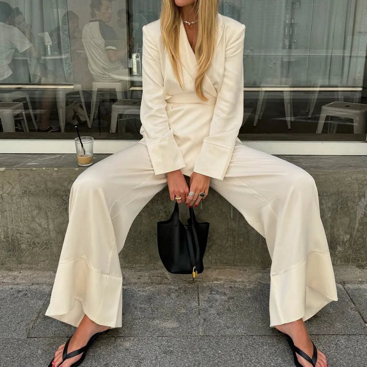 NEW 2PCS Set S-XL UK Size Elegant Beige Satin Trousers Business Office Lady Formal Outfit Spring Women V-Neck Long Sleeved Lace Up Top +High Waist Loose Wide Leg Pants Female Ladies Luxury Fashion Clothing Supplies