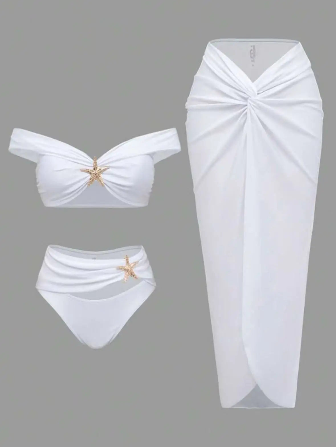 New 3PCS Set Black/White Color European and American Starfish Split Swimsuit Long Skirt Bikini Suit