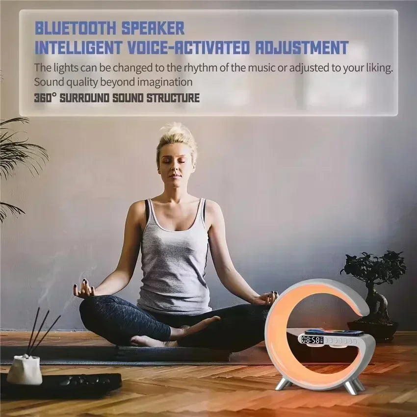 NEW Arrivals LED Smart Wake Up Light RGB Night Light with App Control, Bluetooth Speaker 15W Fast Wireless Charger Desk Lamp for Bedroom Bedside Game Room